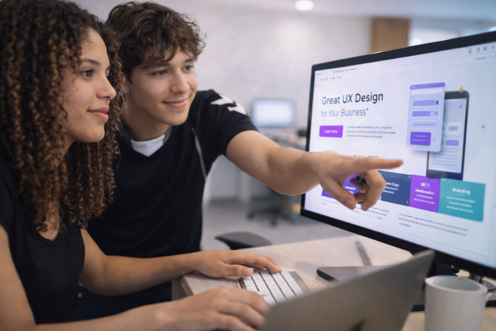 o personer arbejder sammen med webdesign og digital udvikling på computer hos Esarmedia
