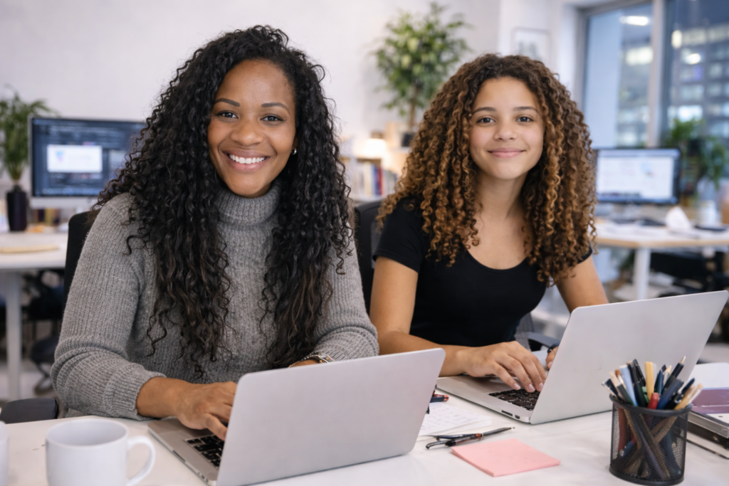 Esarmedia team arbejder sammen på laptops i moderne kontor