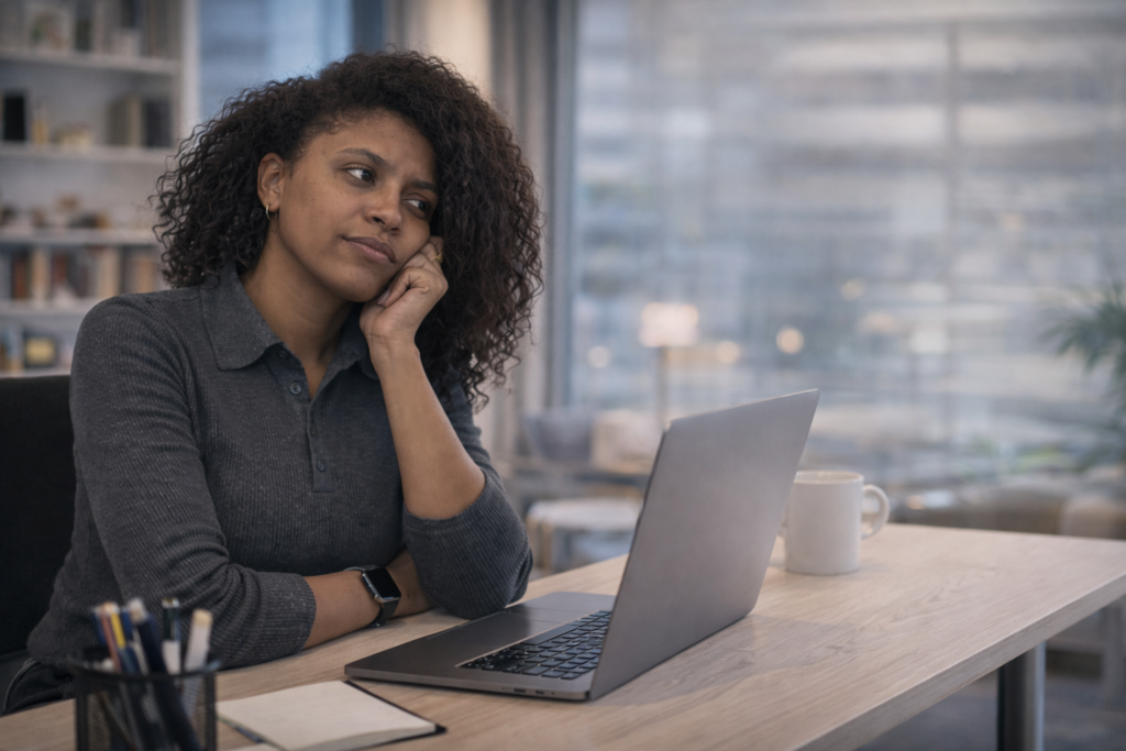 kvinde arbejder på laptop og oplever manglende resultater fra sin hjemmeside