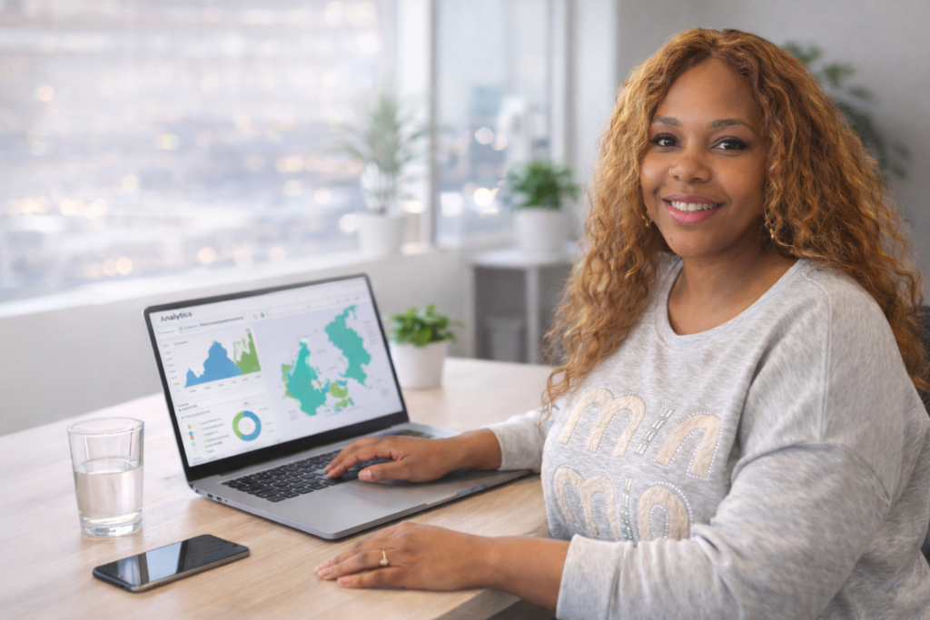 Professionel kvinde arbejder i moderne kontor – webdesign og digital marketing i Danmark