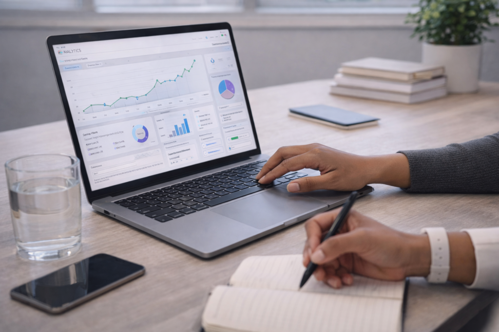 analyse af hjemmeside data og resultater på laptop med fokus på vækst og konvertering